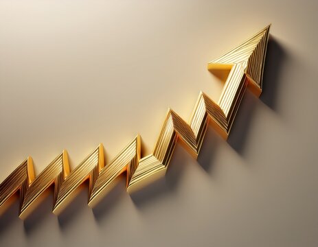 shiny golden zigzag arrow pointing upward on a light background symbolizing growth and success