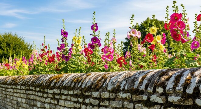 colorful hollyhock flowers against old stone wall