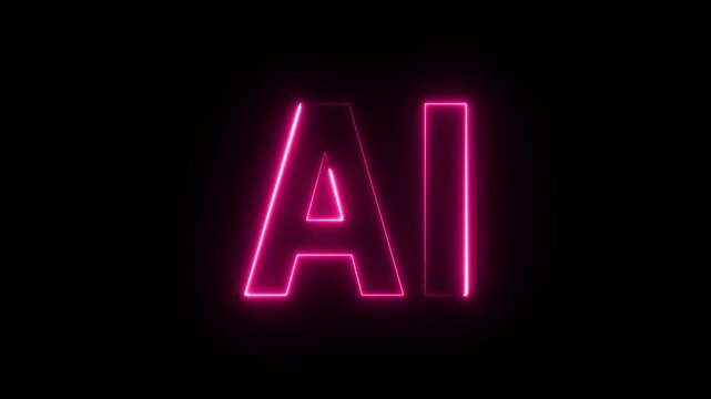The letters AI illuminated with a vivid pink neon outline effect against a completely black backdrop symbolizing artificial intelligence and digital advancements