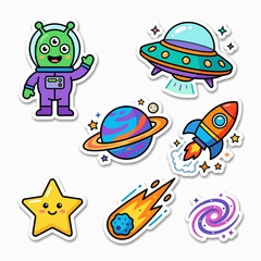 Obraz premium Colorful cartoon stickers of space objects and an alien in a purple suit with a smiling face and stars.