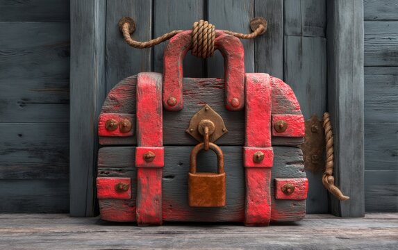 Rustic wooden chest with red accents and vintage design against weathered wooden backdrop