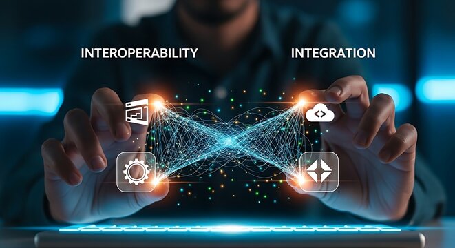 Interoperability and integration. A developer's hands build a 'bridge' of code between two software platform icons, symbolizing interoperability.