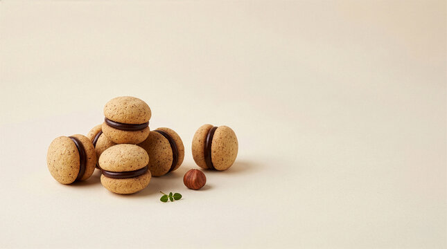 Traditional Baci di Dama, artisanal Italian hazelnut biscuits with chocolate cream, served on a rustic table with espresso. Piedmontese culinary excellence, premium Italian desserts!