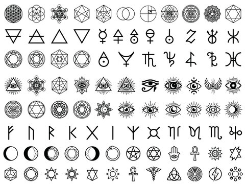 Large Collection of Sacred Geometry Symbols, Occult Icons, and Mystical Esoteric Line Art Illustration Elements