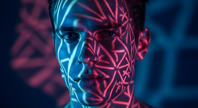 Man looks directly at the camera while neon geometric light patterns are projected across his face.