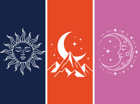 Celestial Line Art Triptych Featuring Sun, Moon, and Mountains in Minimalist Boho Style