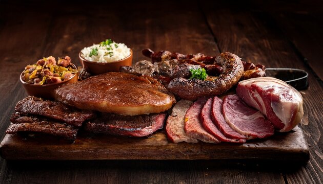 assorted argentinian asado meats on rustic wooden board
