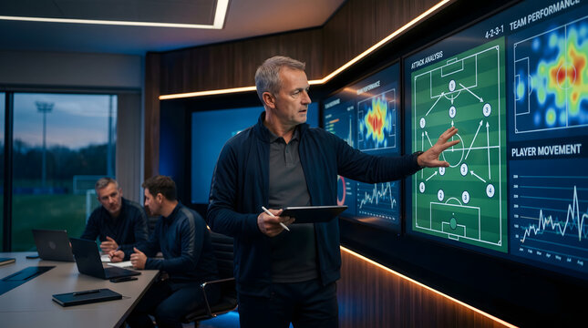 Football coach analyzing player performance and team strategies on large digital screens during a tactical planning meeting in a modern sports facility