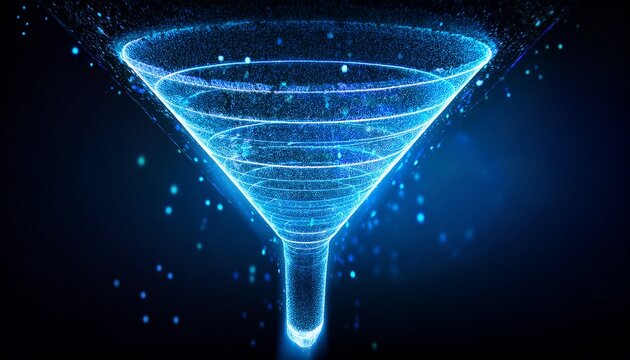 futuristic data funnel made of blue light particles over dark background representing cro conversion rate optimization lead funnel and data driven growth