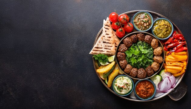 lebanese mezze platter with grilled meat and assorted vegetables top view with copy space