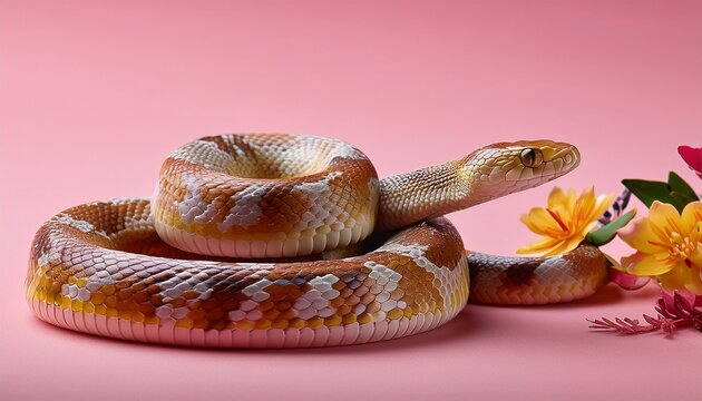 real snake with vibrant floral patterns photographed on a pink background