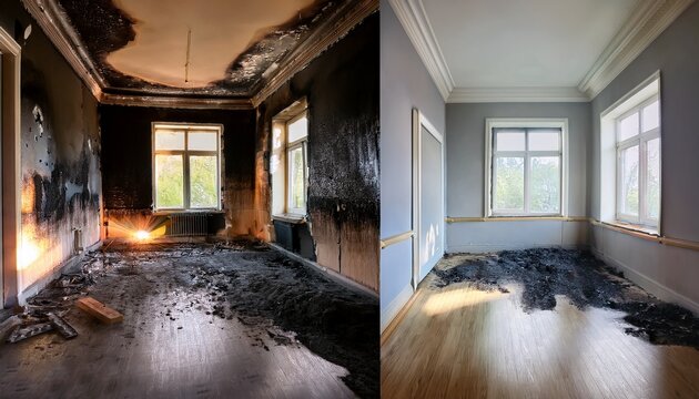 room showing fire damage restoration before after effect with charred wall soot damaged floor on left and repaired clean wall