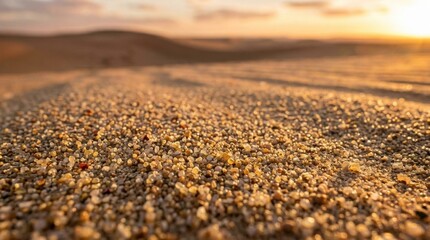 Obraz premium Close-up view of sand grains with a blurred background of a desert landscape at sunset.