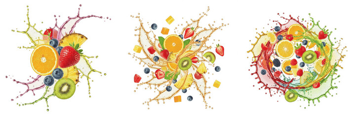 Fresh Fruit Juice Splash Set: Isolated Dynamic Liquid Burst, Strawberry Kiwi Orange Pineapple and Blueberry Exploding Graphics, Organic Smoothie Cocktail Swirl Textures for Beverage Labels, Menu and P © Badar