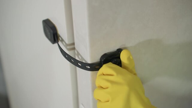 Gloved hands remove strap from cabinet edge closeup, yellow gloves detach black strap from adhesive base and stow it, adhesive pad remains on surface, tidy domestic cleanup motion, close inspection