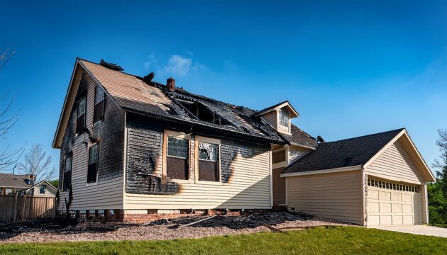 two story suburban house with exterior fire damage boarded windows charred siding and roof scene implying fire damage restoration and insurance claim for exterior repair