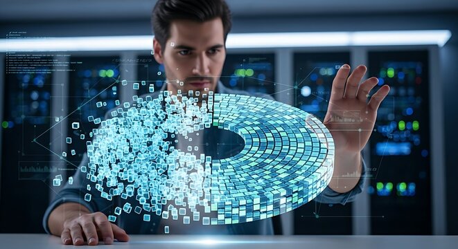 System optimization concept. An IT professional's hands 'defragment' a holographic disk, reorganizing chaotic data blocks into a clean, orderly structure.