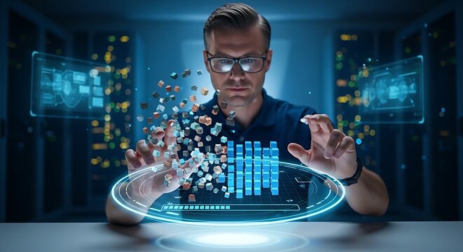 System optimization concept. An IT professional's hands 'defragment' a holographic disk, reorganizing chaotic data blocks into a clean, orderly structure.
