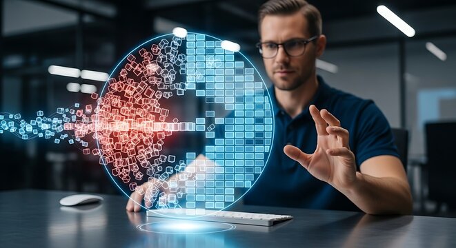 System optimization concept. An IT professional's hands 'defragment' a holographic disk, reorganizing chaotic data blocks into a clean, orderly structure.