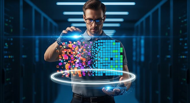 System optimization concept. An IT professional's hands 'defragment' a holographic disk, reorganizing chaotic data blocks into a clean, orderly structure.