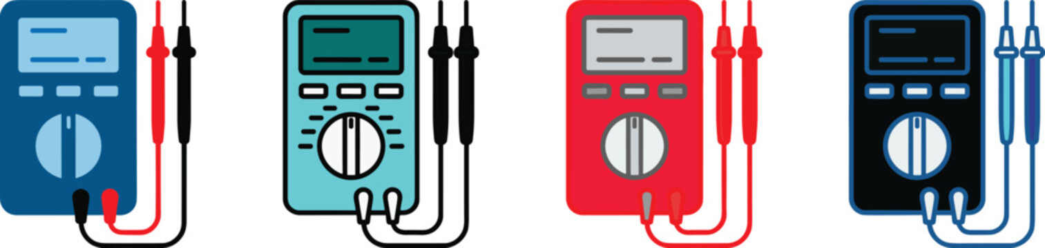 Digital multimeter vector icon set with electric test probes in different professional design styles