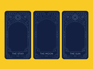 Minimalist Tarot Card Templates Set featuring The Star The Moon and The Sun - Celestial Occult Astrology Illustration on Yellow Background © Godel