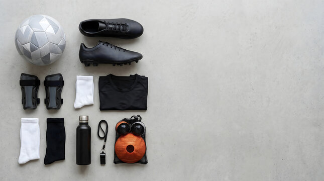 Essential football training kit laid out for optimal performance, showcasing soccer boots, ball, shin guards, and practice accessories for athlete preparation