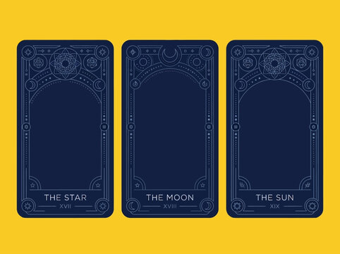 Minimalist Tarot Card Templates Set featuring The Star The Moon and The Sun - Celestial Occult Astrology Illustration on Yellow Background