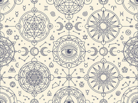 Sacred Geometry Seamless Pattern with Astrology Symbols, Mystical Celestial Alchemical Elements and Zodiac Signs in Minimalist Line Art Style