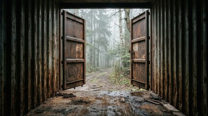 Fototapeta premium Eerie Abandoned Structure - Wooden Doors Open to Misty Forest Path.