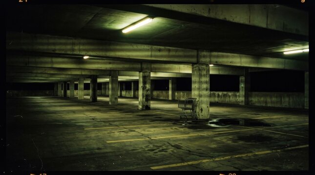 Eerie Abandoned Parking Garage - Shadows and Dim Lighting Create a Spooky Atmosphere.