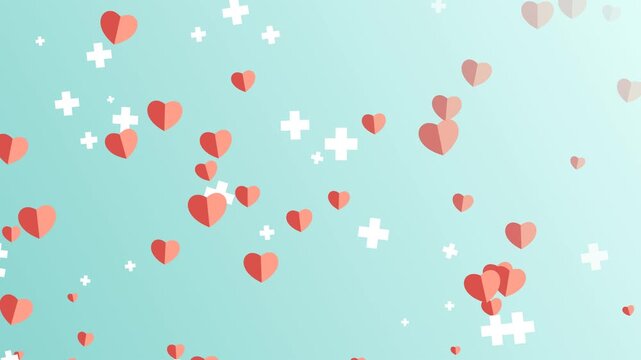 Medical healthcare background loop featuring cute red paper hearts and white plus cross icons floating on a soft teal gradient backdrop. Ideal for clinical charity presentation slides