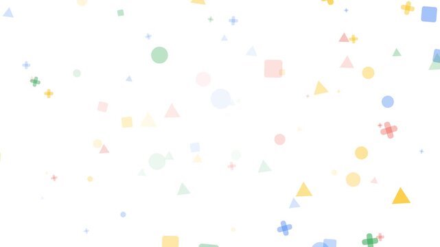Abstract geometric background loop featuring colorful pastel circles, triangles, and squares floating on a clean white backdrop. Perfect for kids, school, and creative presentation slides