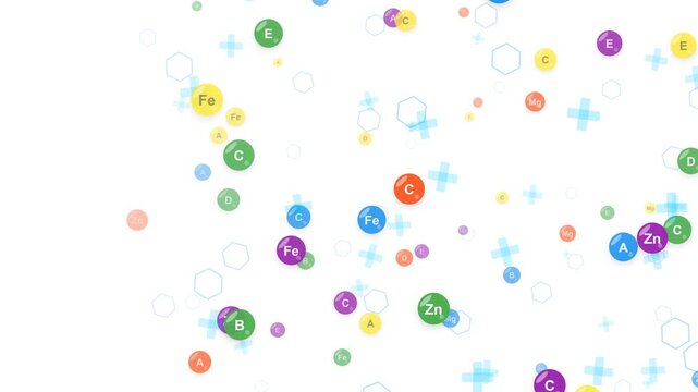 Abstract healthcare background loop featuring colorful multivitamin and mineral icons floating with soft blue crosses on a white backdrop. Ideal for nutrition and pharmacy slides