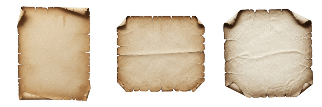 Old Parchment Scroll and Burned Paper Set: Vintage Blank Retro Manuscript Textures, Antique Elements for Graphic Design, Medieval Certificate Backgrounds, Isolated Aged Textured Sheets Pack for UI Gam