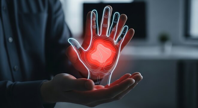 Usability analysis concept. A UX specialist's hands observe a 'heatmap' on a holographic hand, showing the most touched areas in red, symbolizing usability analysis.