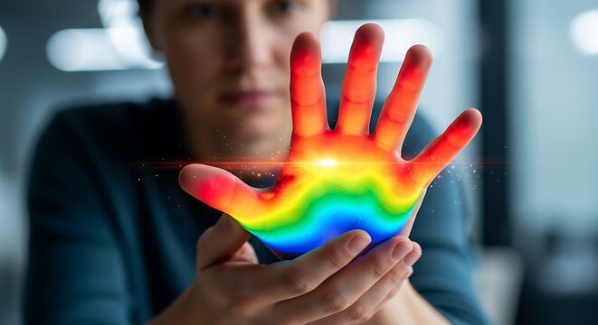 Usability analysis concept. A UX specialist's hands observe a 'heatmap' on a holographic hand, showing the most touched areas in red, symbolizing usability analysis.
