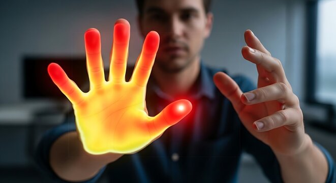 Usability analysis concept. A UX specialist's hands observe a 'heatmap' on a holographic hand, showing the most touched areas in red, symbolizing usability analysis.