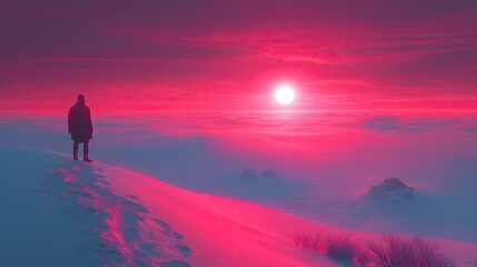 Obraz premium Solitary Figure on Snowy Ridge Under Surreal Pink Sunrise