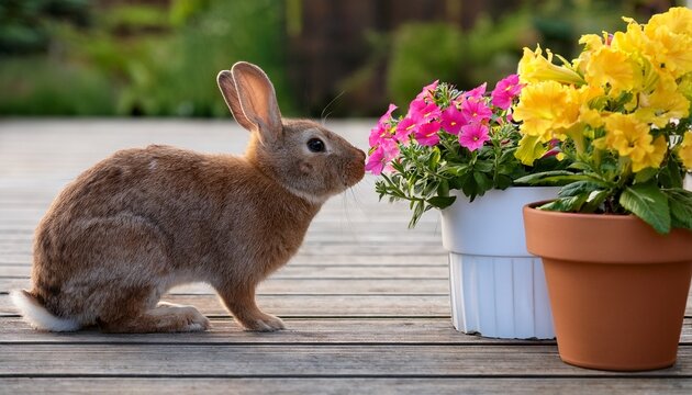 brown rabbit reaching for yellow flowers in a terracotta pot beside pink petunias in a white planter on a wooden deck