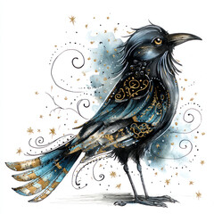Obraz premium Elegant Fantasy Raven Watercolor Illustration with Golden Ornamental Details