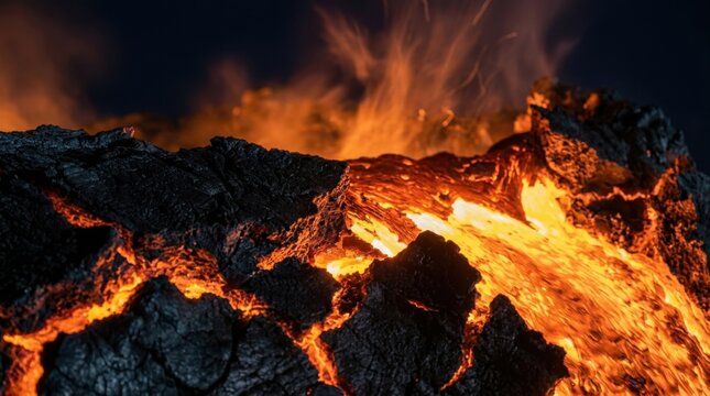Molten Lava Flowing from Volcano Erupting at Night with Fiery Glow.