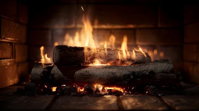 Close up of Cozy Burning Fireplace with Flickering Wood Logs and Glowing Embers