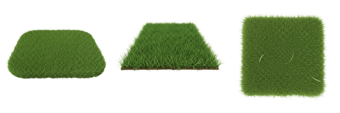 Collection of square green grass patches isolated on a white background, realistic 3D lawn turf samples for landscaping and architectural visualization, high resolution top and perspective view for pr