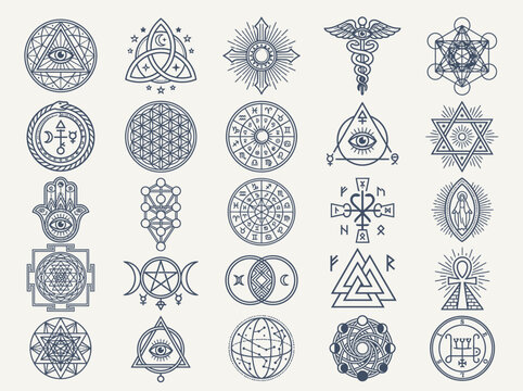 Vector Set of Mystical Occult Symbols and Sacred Geometry Icons including Eye of Providence, Flower of Life, Hamsa, and Zodiac Wheels