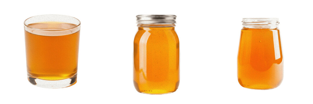 Pure golden honey in a glass jar and a small drinking glass isolated on a white background, collection of sweet organic nectar, natural healthy syrup, high resolution studio shot for professional culi