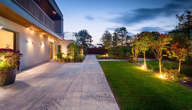 modern gardening with illuminated pathway in front of residential house