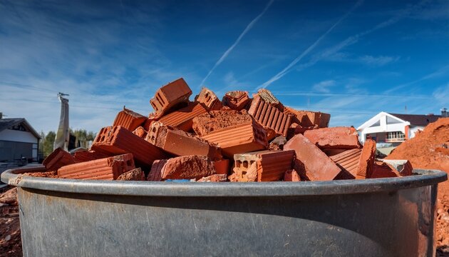 red brick rubble in a metal waste bin at a construction site focusing on the demolition and removal of building materials