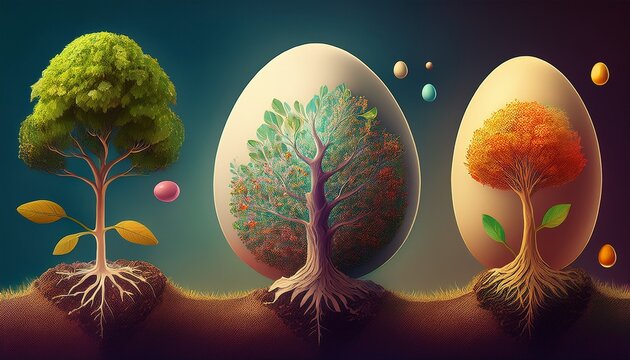 stages of growth from egg to tree illustrating life cycle progression