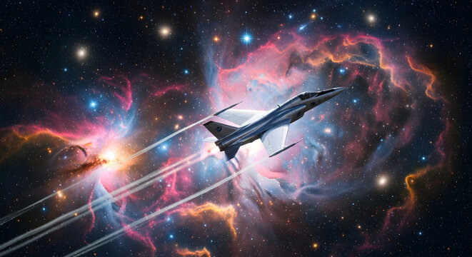 A sleek fighter jet soars through a vibrant galaxy with colorful nebulae and stars.